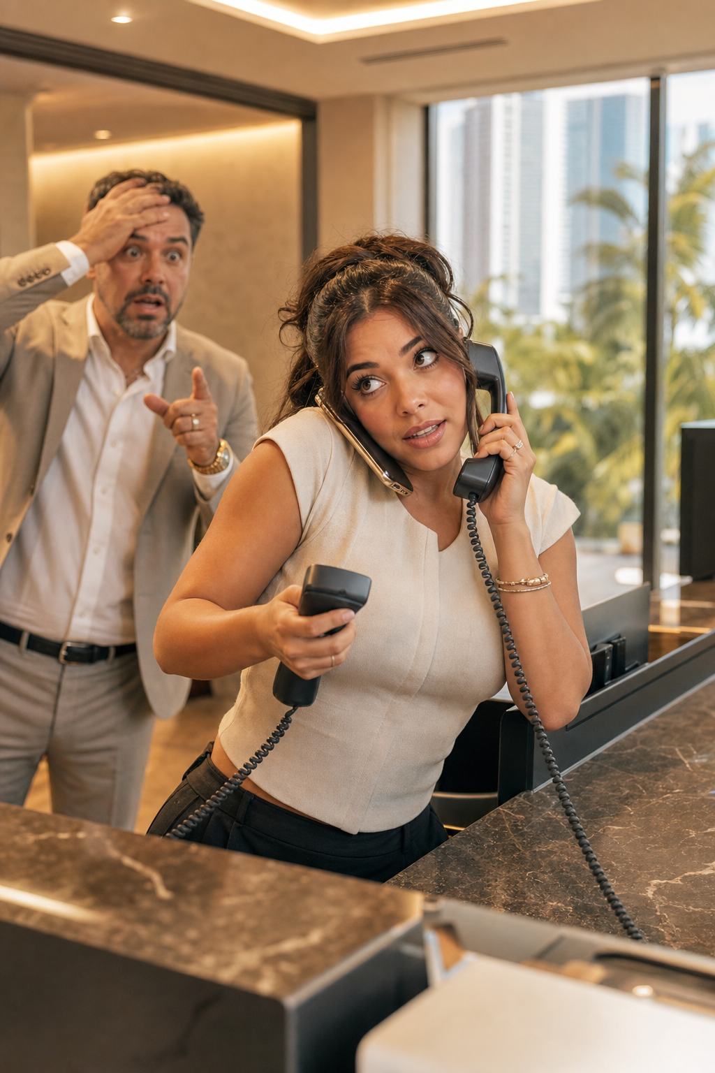 Floor associate juggling three phones while the boss is overwhelmed