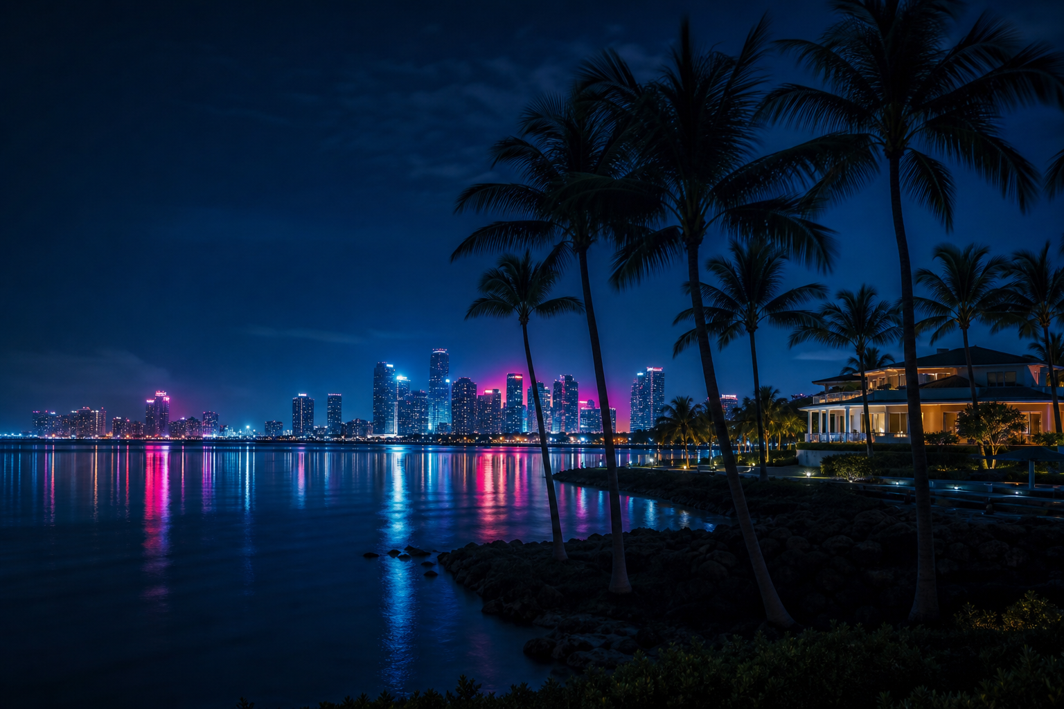 Miami night skyline with neon palms and ocean glow