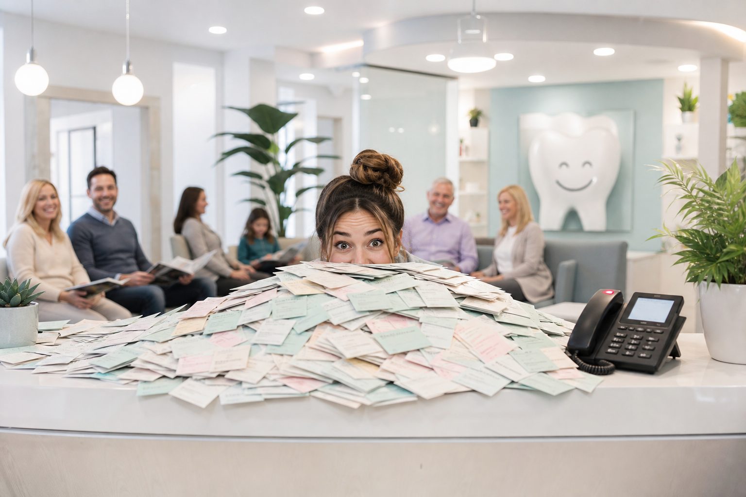 Dental front desk buried in appointment cards — waiting room full