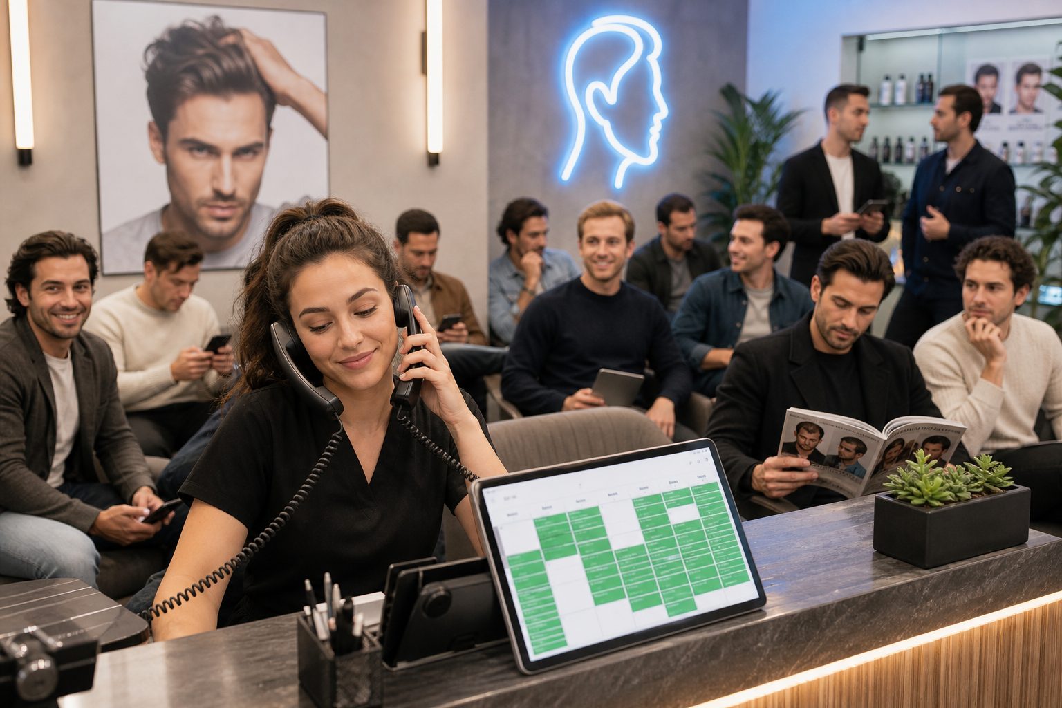 Salon waiting room — every chair taken, calendar booked solid