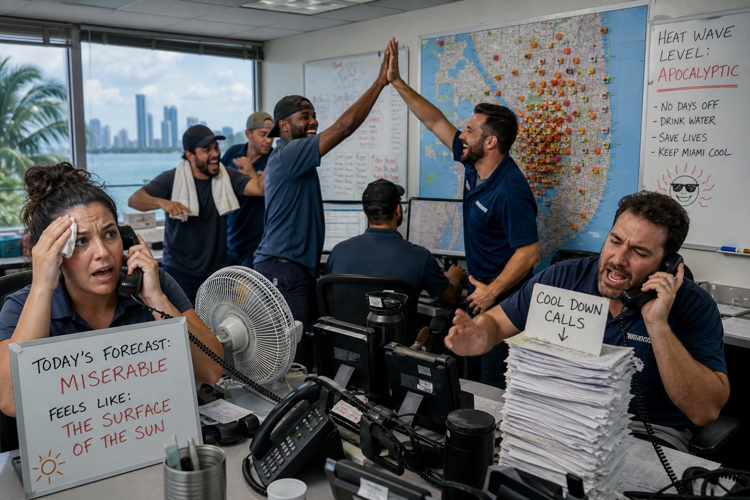 HVAC dispatch — wall of service pins, phones melting, desk stays calm