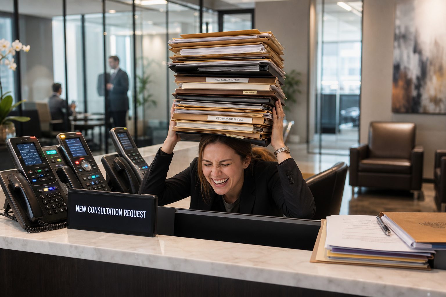 Law firm reception buried in consultation intakes and blinking phones