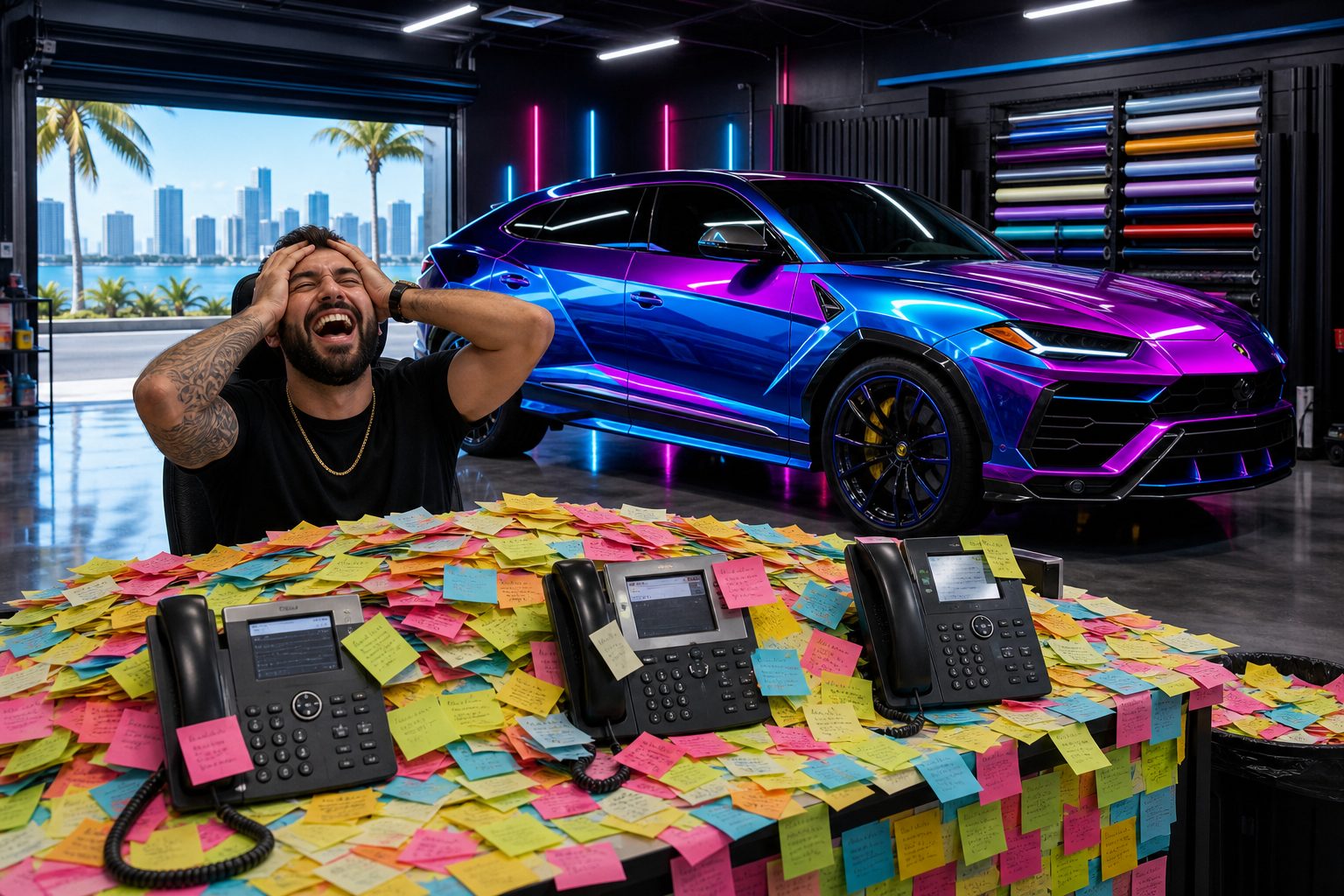 Busy wrap shop — neon fleet, phones ringing, sticky-note lead avalanche