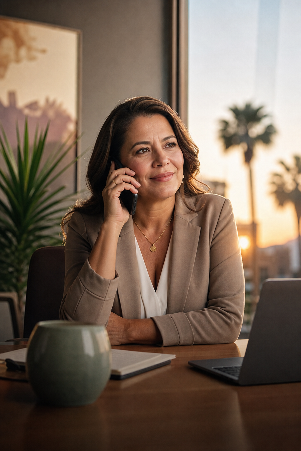 Business owner on a calm call with pink ambient light — every signal answered