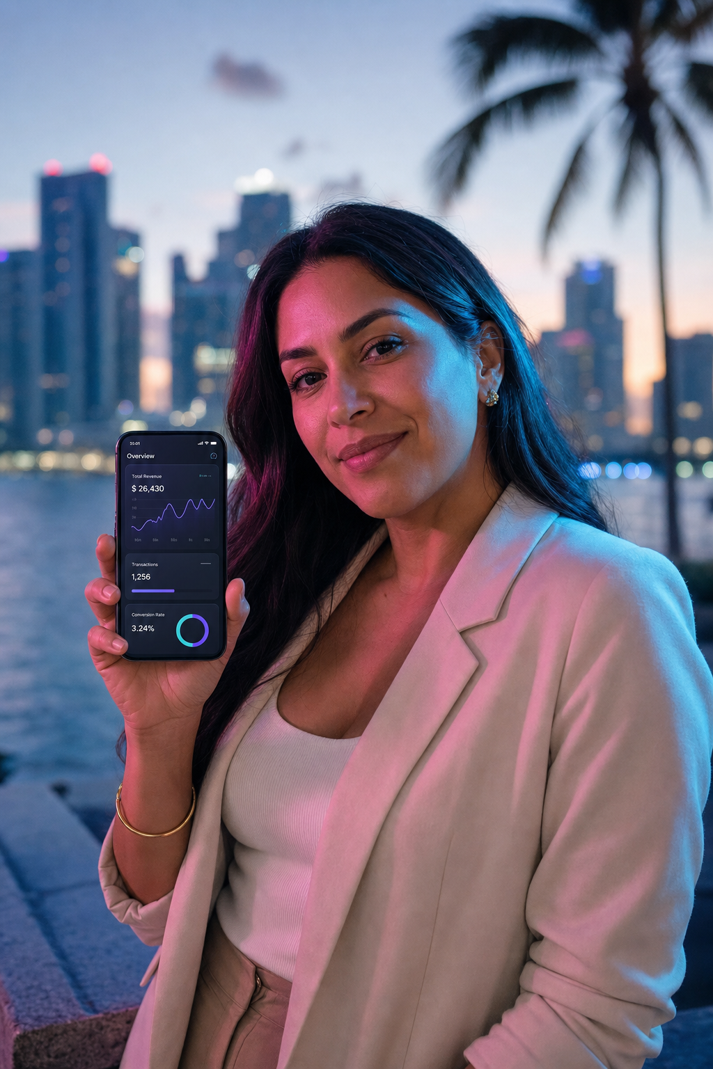 Owner with REV DE$K pulse on phone under Miami neon